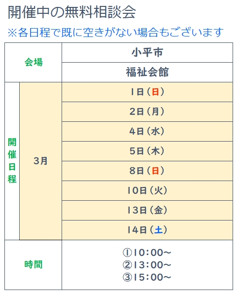 小平市福祉会館 3月1日、2日、4日、5日、8日、10日、13日、14日 時間は全日程共通で①10時、②13時、③15時