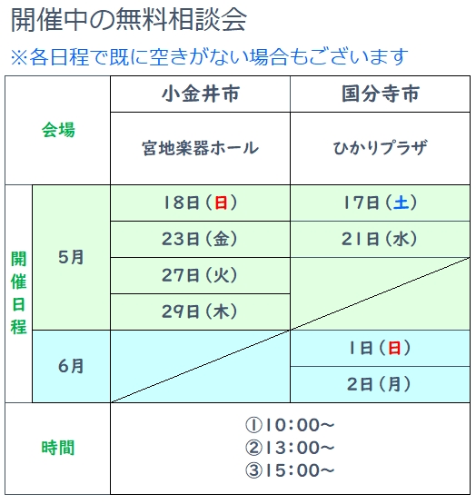 小金井市宮地楽器ホール 5月18日、23日、27日、29日 国分寺市ひかりプラザ5月17日、21日、6月1日、2日 全日程共通で①10時、②13時、③15時